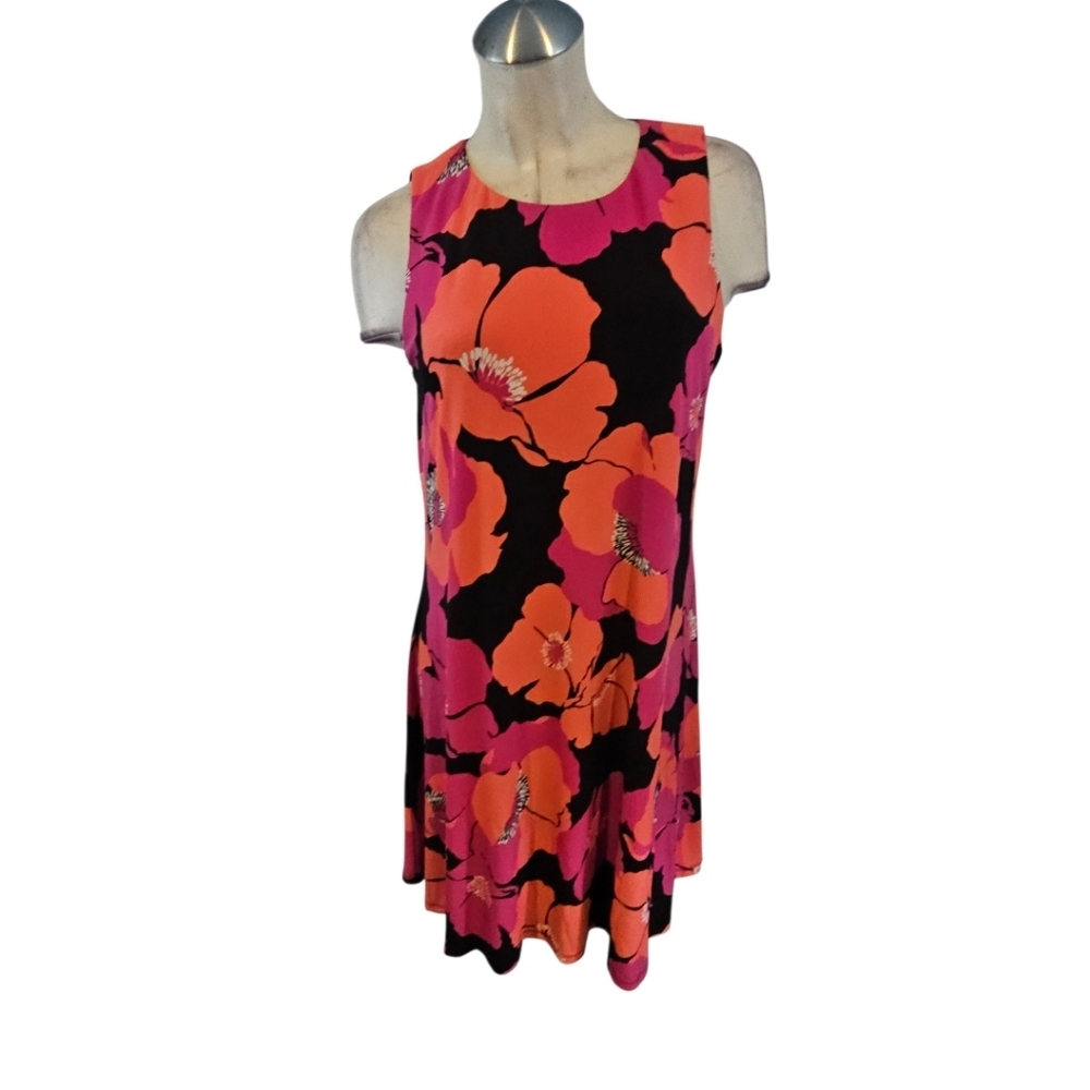 Anne Klein Size 12 Neon Floral Shift Dress Orange Purple Black